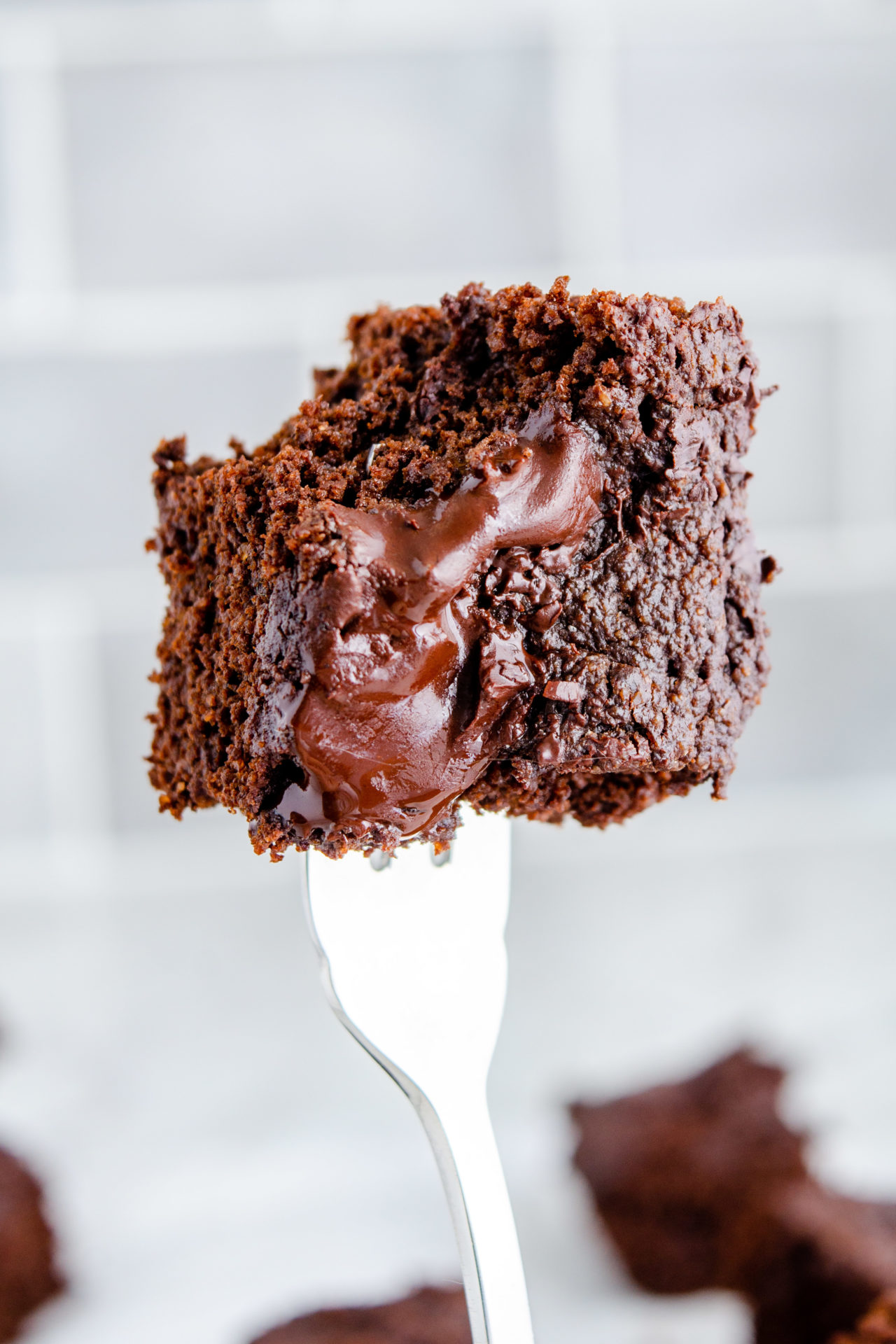 Brownie with a bite on a fork, recipe photography