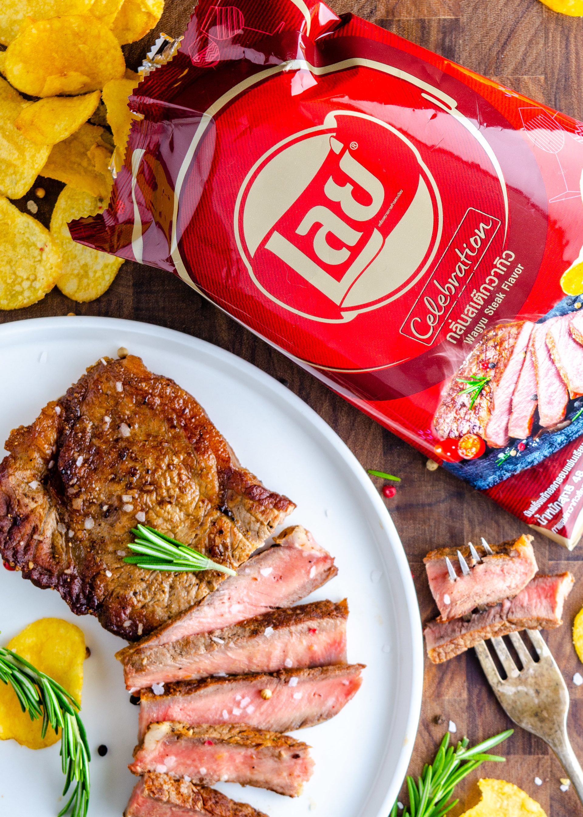 Wagyu Steak Lays Chips with a steak flat lay brand photography
